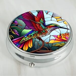 Multicolor hummingbird metal round travel pill box three compartments mirror nwt